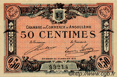 50 Centimes FRANCE regionalism and various Angoulême 1915 JP.009.13 AU+