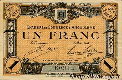 1 Franc FRANCE Regionalismus und verschiedenen Angoulême 1915 JP.009.16 S