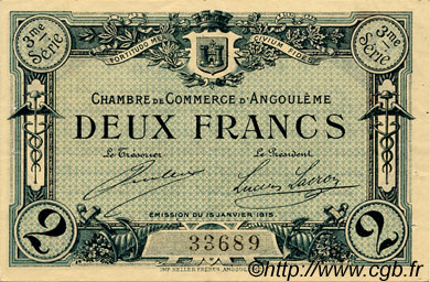 2 Francs FRANCE regionalismo y varios Angoulême 1915 JP.009.18 MBC a EBC