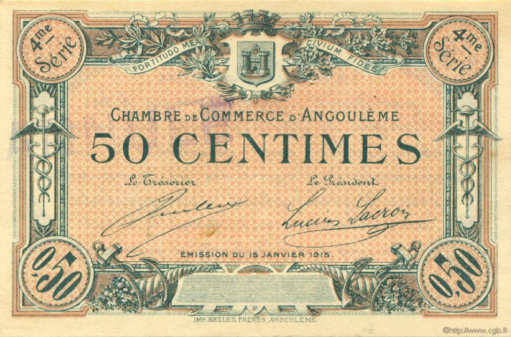50 Centimes Annulé FRANCE regionalismo e varie Angoulême 1915 JP.009.25 AU a FDC