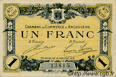 1 Franc FRANCE regionalismo y varios Angoulême 1915 JP.009.27 SC a FDC