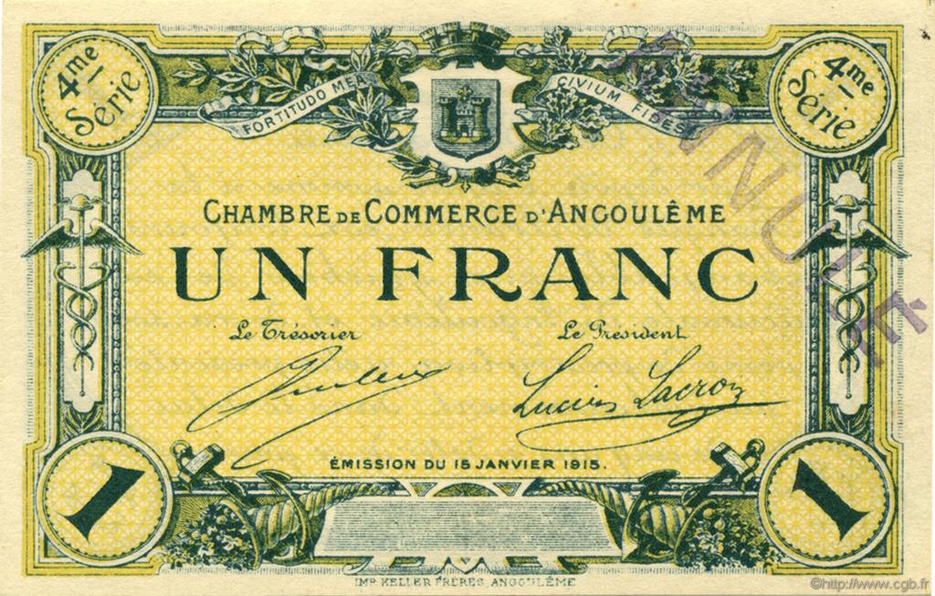 1 Franc Annulé FRANCE regionalism and miscellaneous Angoulême 1915 JP.009.28 AU+