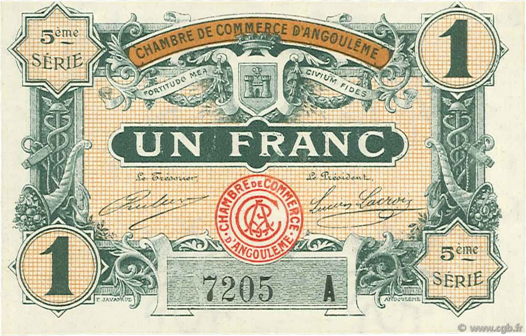 1 Franc FRANCE regionalism and various Angoulême 1917 JP.009.42 AU+
