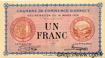 1 Franc FRANCE regionalism and miscellaneous Annecy 1916 JP.010.05 AU+