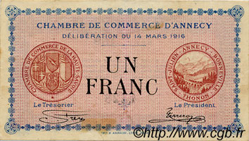 1 Franc FRANCE regionalism and miscellaneous Annecy 1916 JP.010.05 VF - XF
