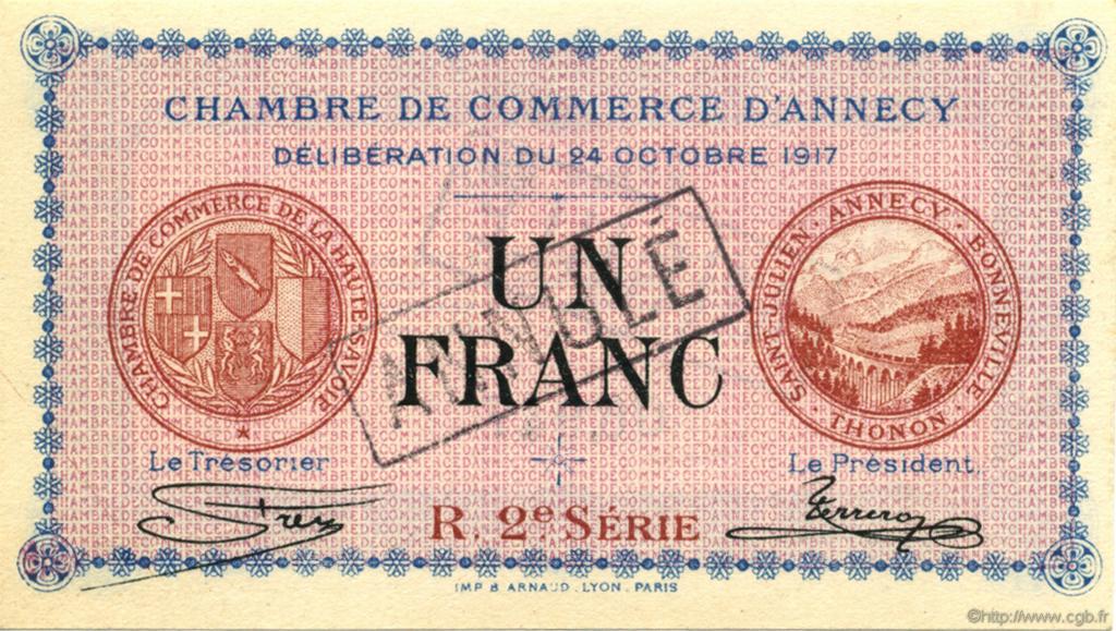 1 Franc Annulé FRANCE regionalism and various Annecy 1917 JP.010.13 AU+