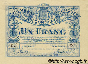 1 Franc FRANCE regionalism and miscellaneous Annonay 1914 JP.011.04 AU+