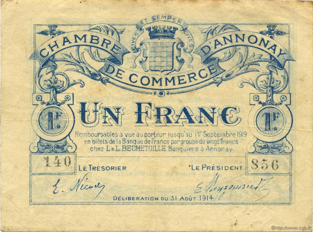 1 Franc FRANCE regionalism and various Annonay 1914 JP.011.08 F