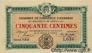 50 Centimes FRANCE regionalismo e varie Annonay 1917 JP.011.09 BB to SPL