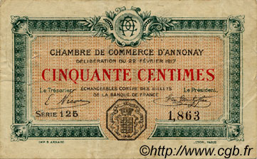 50 Centimes FRANCE regionalismo y varios Annonay 1917 JP.011.09 BC