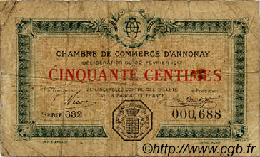 50 Centimes FRANCE regionalismo e varie Annonay 1917 JP.011.11 MB