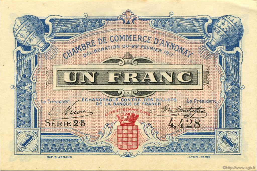 1 Franc FRANCE Regionalismus und verschiedenen Annonay 1917 JP.011.12 fST to ST