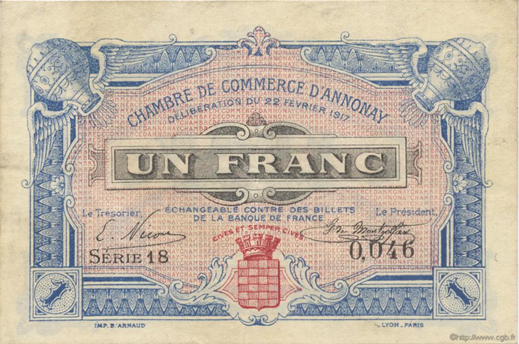 1 Franc FRANCE regionalismo y varios Annonay 1917 JP.011.12 MBC a EBC