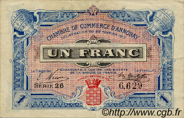 1 Franc FRANCE regionalism and various Annonay 1917 JP.011.18 F