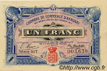 1 Franc FRANCE regionalism and miscellaneous Annonay 1917 JP.011.20 AU+