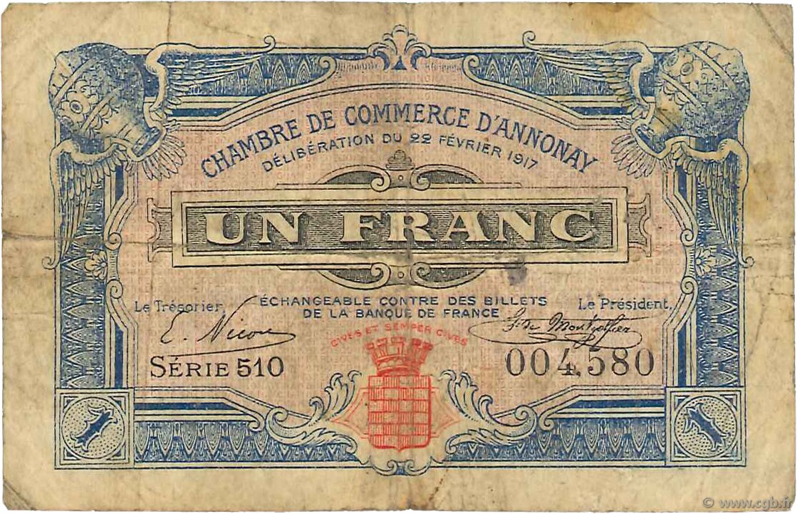 1 Franc FRANCE regionalismo y varios Annonay 1917 JP.011.20 BC