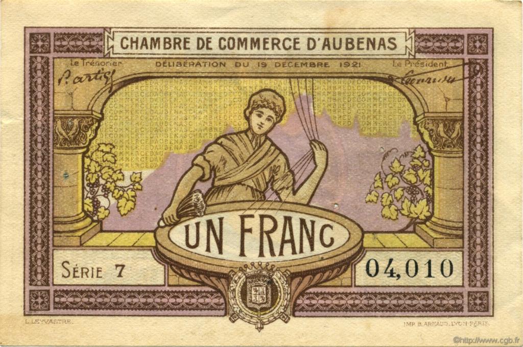 1 Franc FRANCE regionalism and various Aubenas 1921 JP.014.02 VF - XF