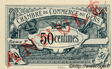50 Centimes Annulé FRANCE regionalism and various Auch 1914 JP.015.06 AU+
