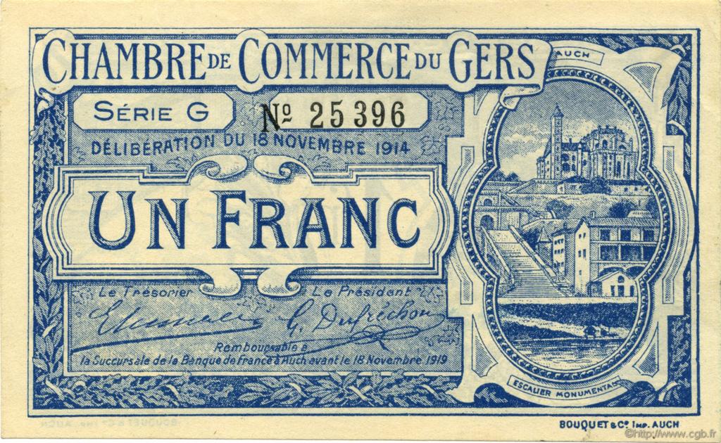 1 Franc FRANCE regionalismo y varios Auch 1914 JP.015.07 SC a FDC