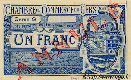 1 Franc Annulé FRANCE regionalism and various Auch 1914 JP.015.08 AU+