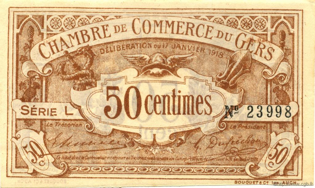 50 Centimes FRANCE regionalismo y varios Auch 1918 JP.015.11 SC a FDC