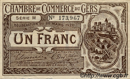 1 Franc FRANCE regionalism and miscellaneous Auch 1920 JP.015.19 VF - XF