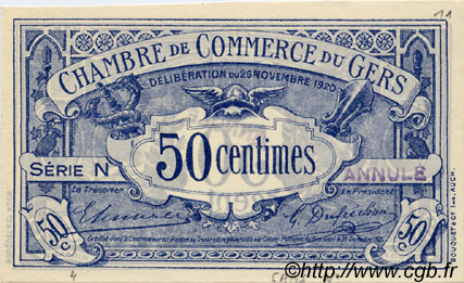 50 Centimes Annulé FRANCE regionalismo e varie Auch 1920 JP.015.21 AU a FDC