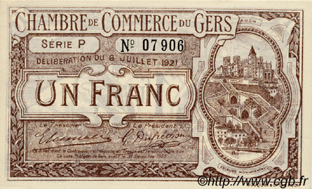 1 Franc FRANCE regionalismo y varios Auch 1921 JP.015.28 SC a FDC