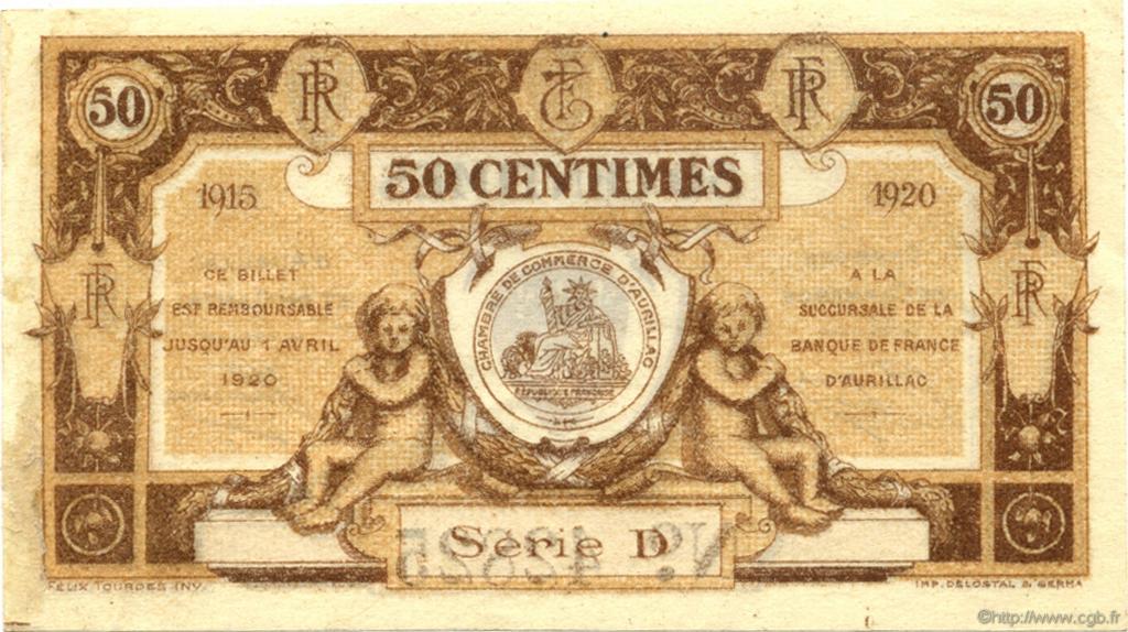 50 Centimes FRANCE regionalismo y varios Aurillac 1915 JP.016.01 SC a FDC