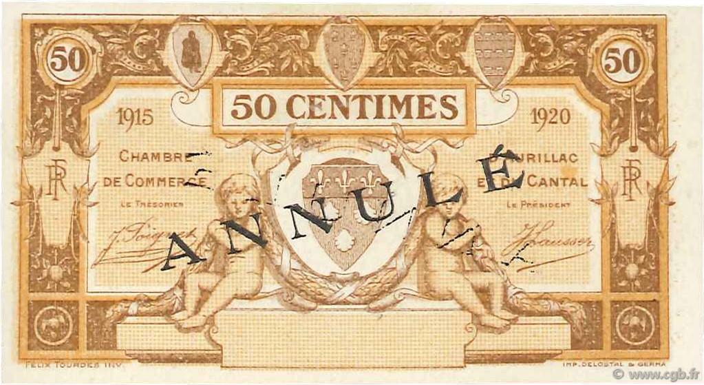 50 Centimes Annulé FRANCE regionalism and various Aurillac 1915 JP.016.03 AU+