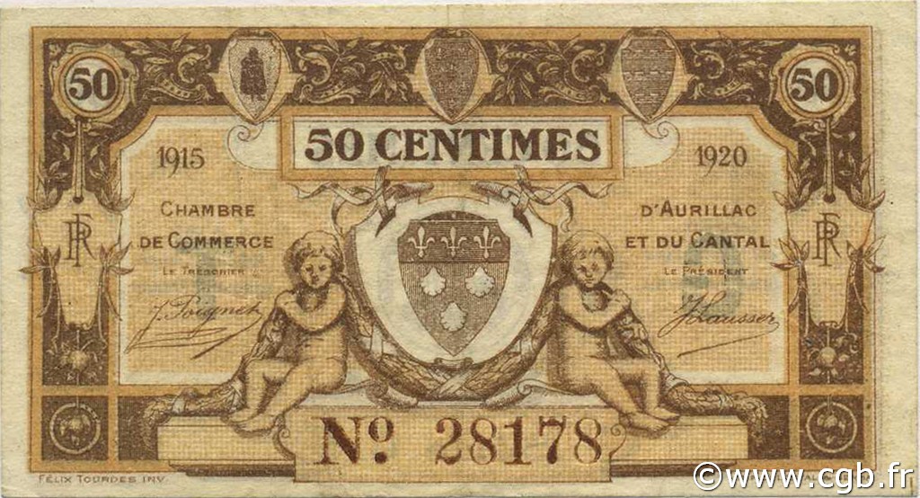 50 Centimes FRANCE régionalisme et divers Aurillac 1915 JP.016.09 TB
