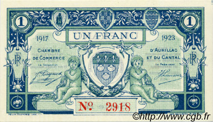 1 Franc FRANCE Regionalismus und verschiedenen Aurillac 1917 JP.016.13 fST to ST