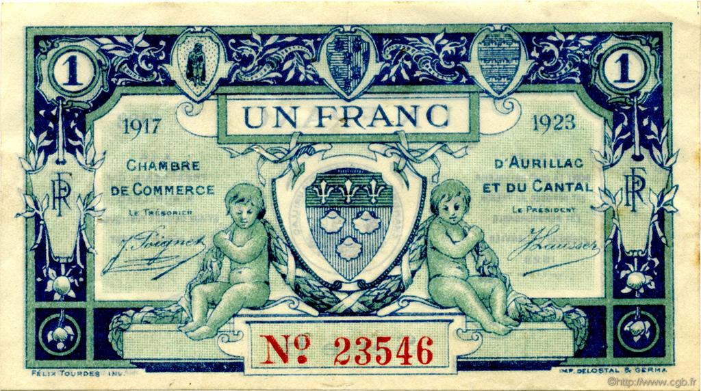 1 Franc FRANCE regionalismo y varios Aurillac 1917 JP.016.13 BC