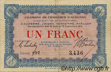 1 Franc FRANCE regionalism and various Auxerre 1915 JP.017.01 VF - XF
