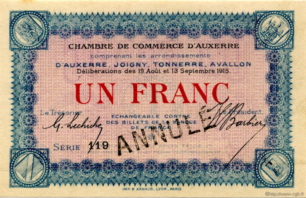 1 Franc Annulé FRANCE regionalism and miscellaneous Auxerre 1915 JP.017.05 AU+