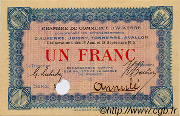 1 Franc Annulé FRANCE regionalism and miscellaneous Auxerre 1915 JP.017.07 AU+