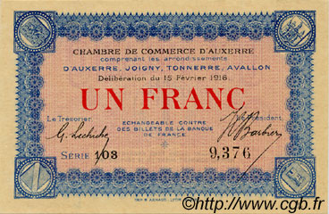 1 Franc FRANCE Regionalismus und verschiedenen Auxerre 1916 JP.017.08 fST to ST