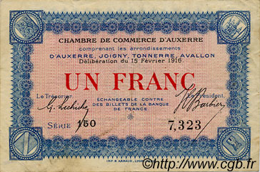 1 Franc FRANCE regionalism and miscellaneous Auxerre 1916 JP.017.08 VF - XF