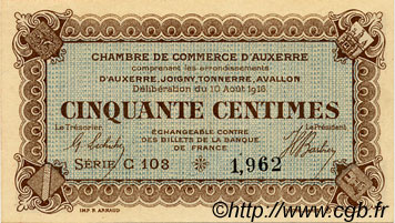 50 Centimes FRANCE regionalism and miscellaneous Auxerre 1916 JP.017.11 AU+