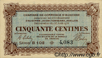 50 Centimes FRANCE régionalisme et divers Auxerre 1916 JP.017.11 TTB à SUP