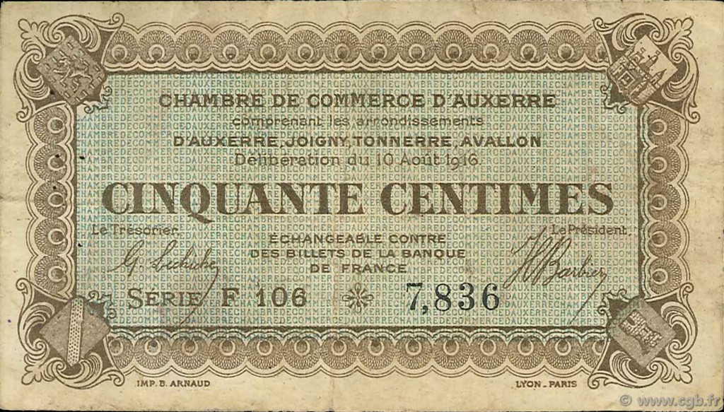 50 Centimes FRANCE regionalismo y varios Auxerre 1916 JP.017.11 BC