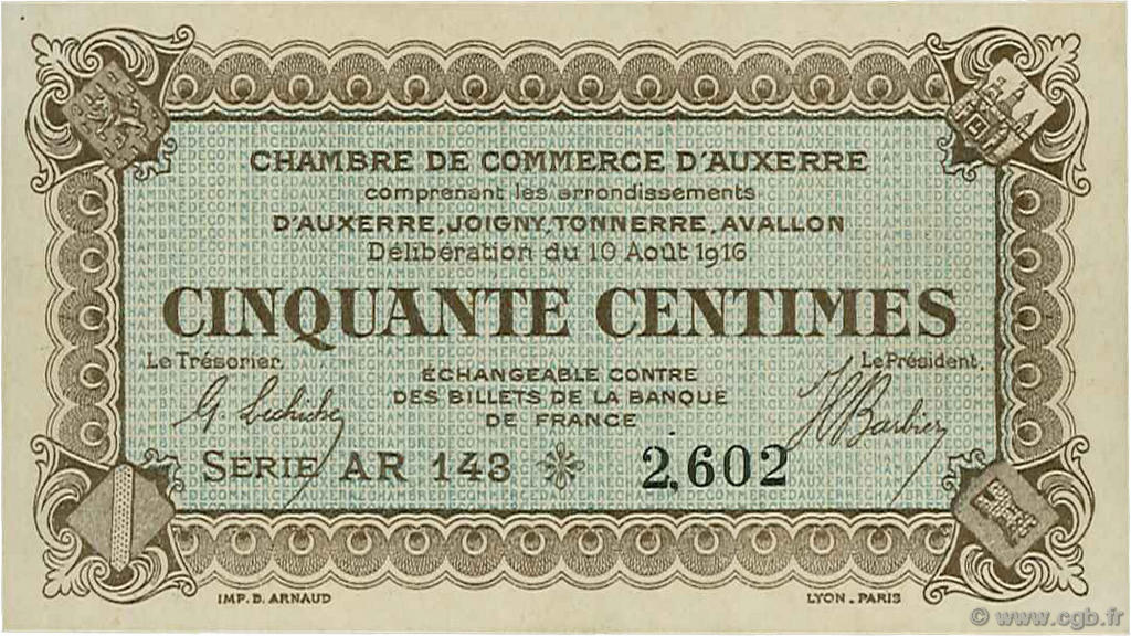 50 Centimes FRANCE regionalism and various Auxerre 1916 JP.017.12 AU+