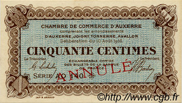 50 Centimes Annulé FRANCE regionalism and miscellaneous Auxerre 1916 JP.017.13 AU+