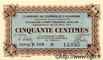 50 Centimes FRANCE regionalism and miscellaneous Auxerre 1917 JP.017.14 AU+
