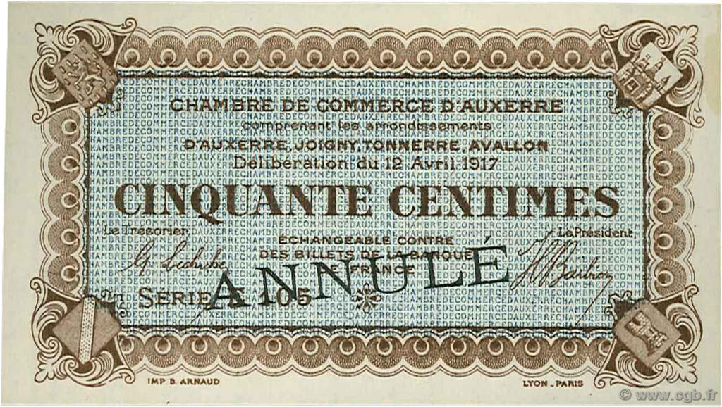 50 Centimes Annulé FRANCE regionalism and various Auxerre 1917 JP.017.15 AU+