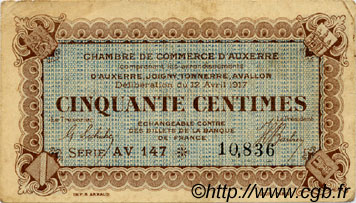 50 Centimes FRANCE regionalismo e varie Auxerre 1917 JP.017.16 BB to SPL