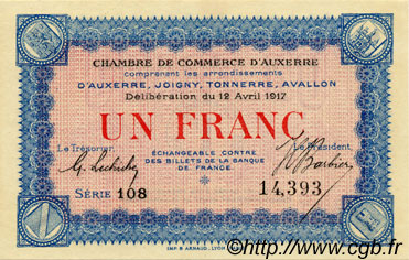 1 Franc FRANCE regionalism and miscellaneous Auxerre 1917 JP.017.17 AU+
