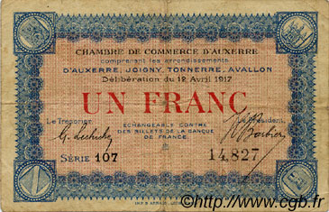 1 Franc FRANCE régionalisme et divers Auxerre 1917 JP.017.17 TB
