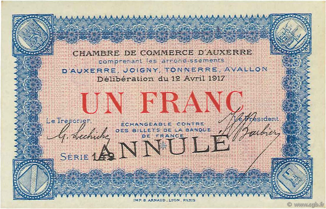 1 Franc Annulé FRANCE regionalismo y varios Auxerre 1917 JP.017.18 SC a FDC