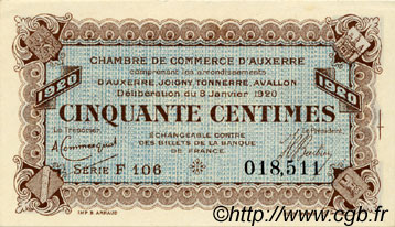 50 Centimes FRANCE regionalism and various Auxerre 1920 JP.017.19 AU+